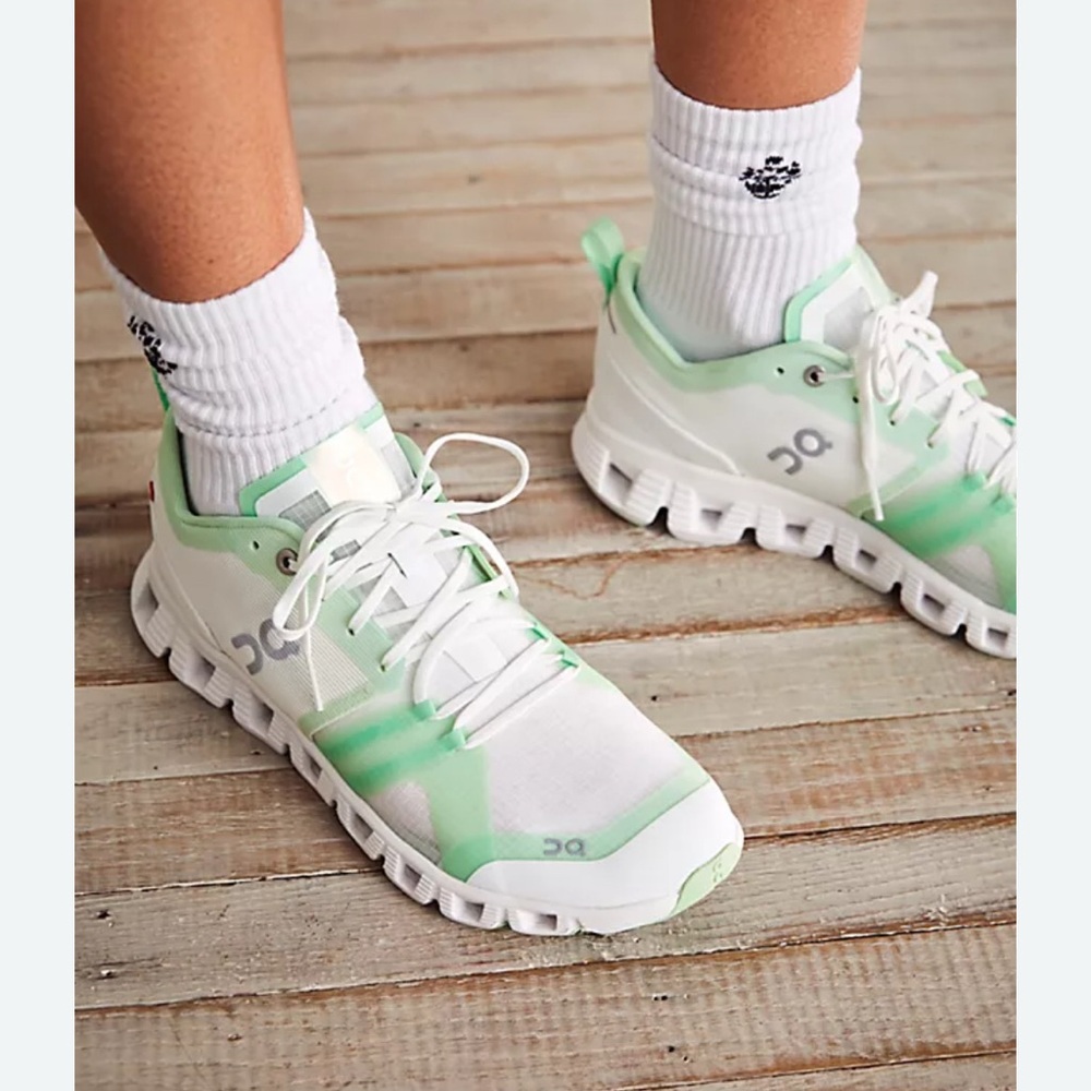 On Running Women's White and Mint Green Cloudflow Sneakers